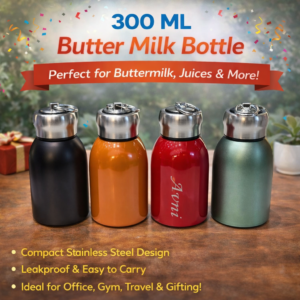 300ml stainless steel butter milk bottle in multiple colours, compact leakproof bottle for buttermilk and juice printing in Ahmedabad Gujarat