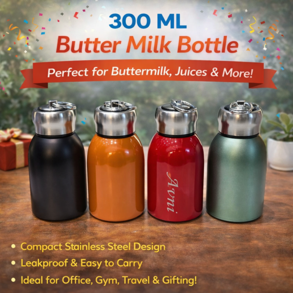 300ml stainless steel butter milk bottle in multiple colours, compact leakproof bottle for buttermilk and juice printing in Ahmedabad Gujarat