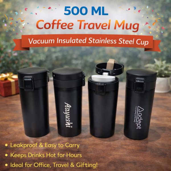 500ml stainless steel coffee travel mug with vacuum insulation and flip-lock lid, custom printed mug for office and travel in Ahmedabad Gujarat
