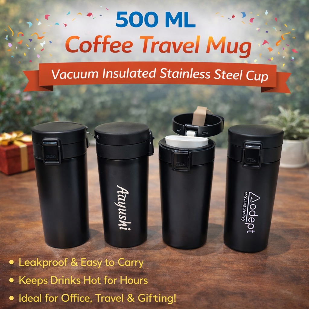 500ml stainless steel coffee travel mug with vacuum insulation and flip-lock lid, custom printed mug for office and travel in Ahmedabad Gujarat
