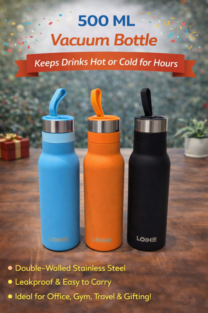 500ml stainless steel vacuum insulated bottle with strap lid, custom bottle printing in Ahmedabad Gujarat for office and travel use