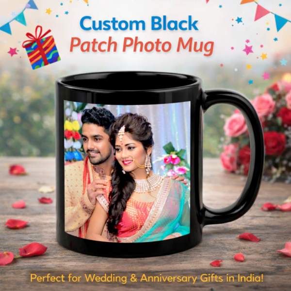 Custom black patch photo mug with magic heat reveal printing, ideal for wedding, anniversary and personalized gifts in Ahmedabad Gujarat