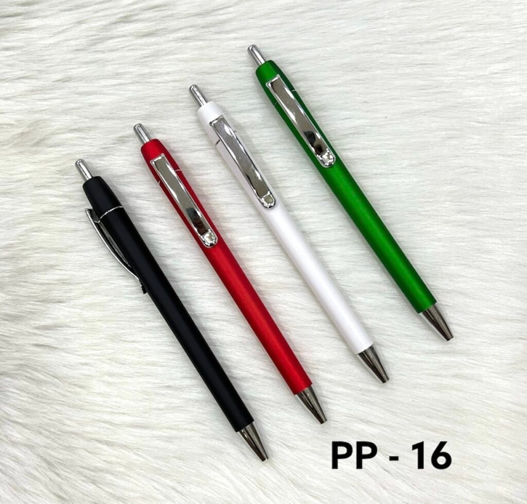 Premium plastic ball pens with chrome clip in black red white and green PP-16