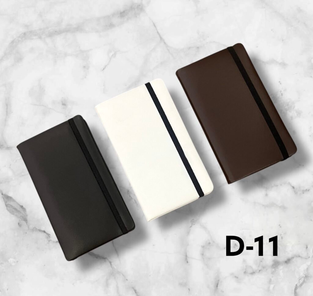 Premium leather finish elastic band corporate notebook available in black, white and brown for custom logo printing in Ahmedabad
