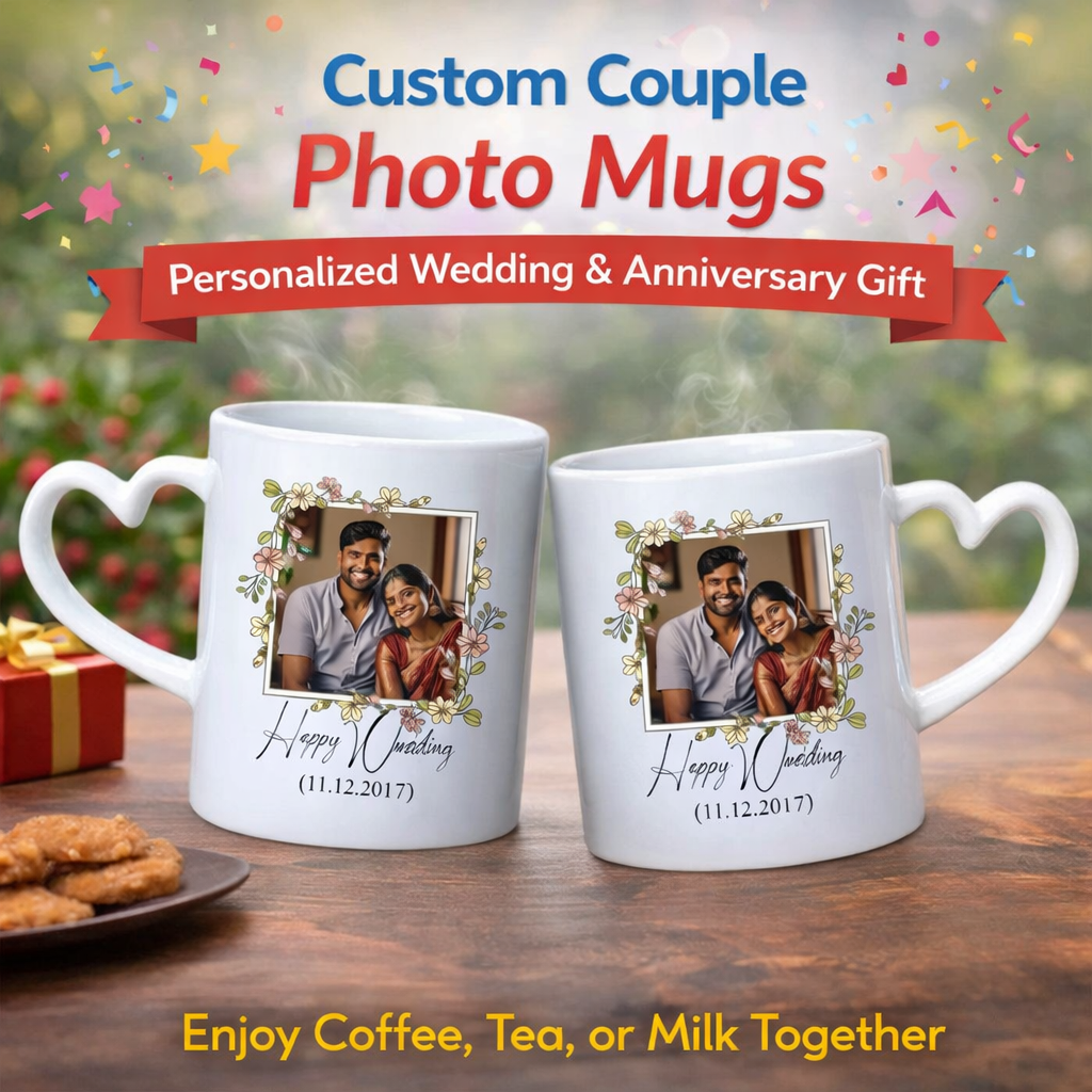 Custom couple photo mugs with heart-shaped handles printed using sublimation, ideal for wedding and anniversary gifts in Ahmedabad Gujarat