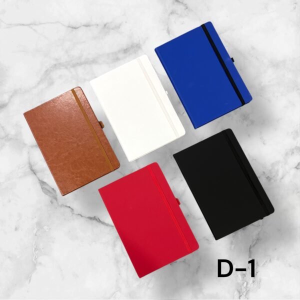 Premium leather finish corporate notebook available in brown, white, blue, red and black colors for custom logo printing in Ahmedabad