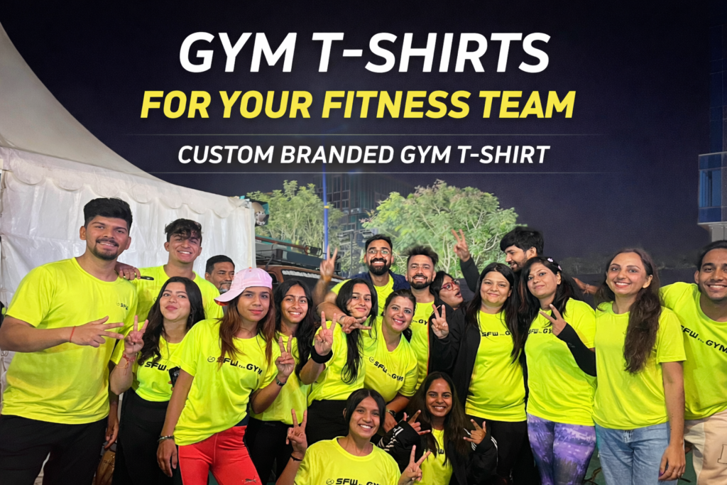 Custom gym team T-shirts worn by fitness group in neon green dry fit fabric during gym event in Gujarat
