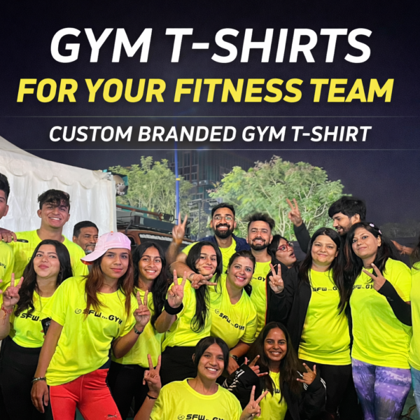 Custom gym team T-shirts worn by fitness group in neon green dry fit fabric during gym event in Gujarat