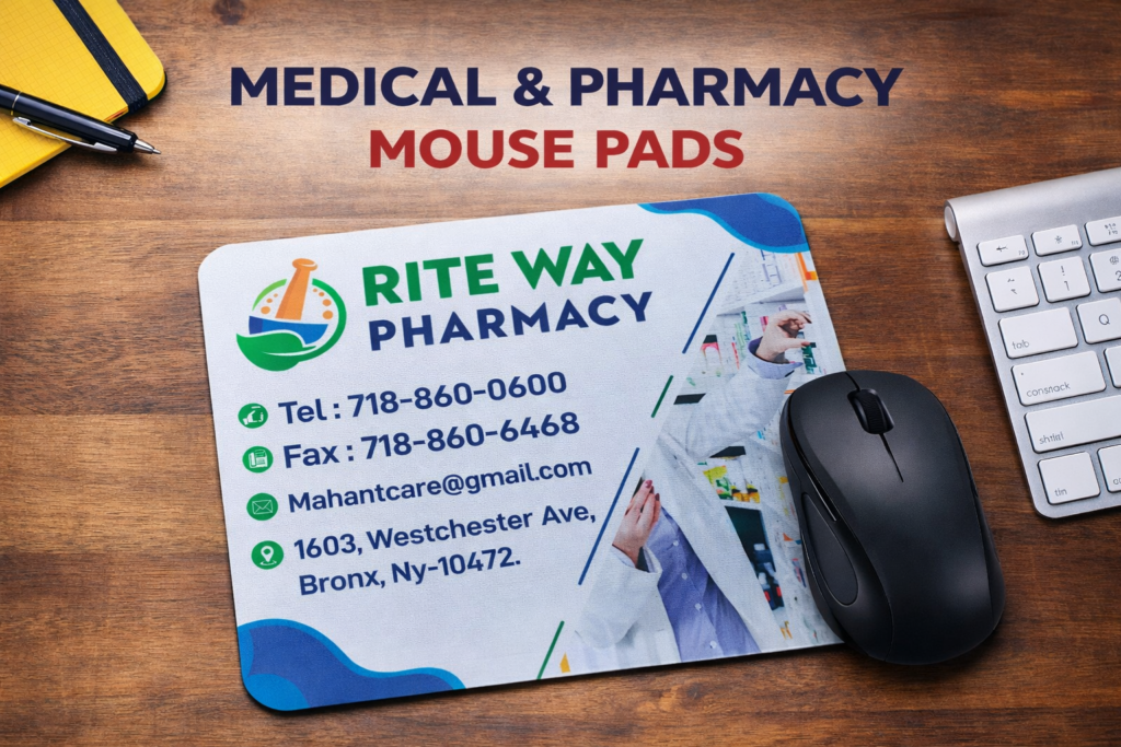Custom pharmacy mouse pad with medical branding placed on professional office table.