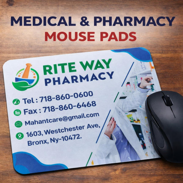 Custom pharmacy mouse pad with medical branding placed on professional office table.