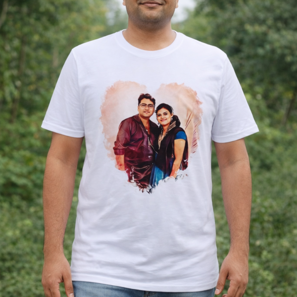 Custom photo printed couple T-shirt with personalized heart design on white T-shirt in Ahmedabad, Gujarat