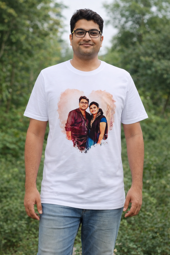 Custom photo printed couple T-shirt with personalized heart design on white T-shirt in Ahmedabad, Gujarat
