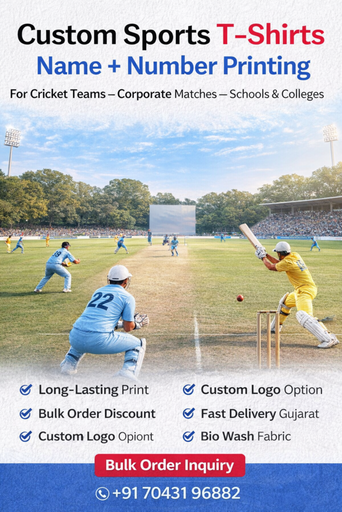 Custom sports T-shirt with team playing on ground with name and number printing concept for team uniforms in Ahmedabad Gujarat