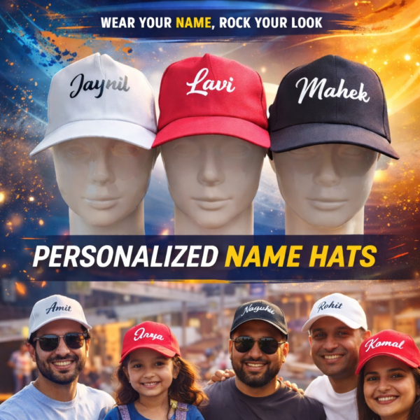 Customized name caps with printed names displayed on mannequin for personalized cap printing in Ahmedabad Gujarat