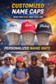 Customized name caps with printed names displayed on mannequin for personalized cap printing in Ahmedabad Gujarat