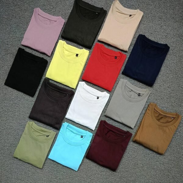 Premium French Terry cotton plain round neck T-shirts in multiple colors displayed for bulk supply in Ahmedabad Gujarat
