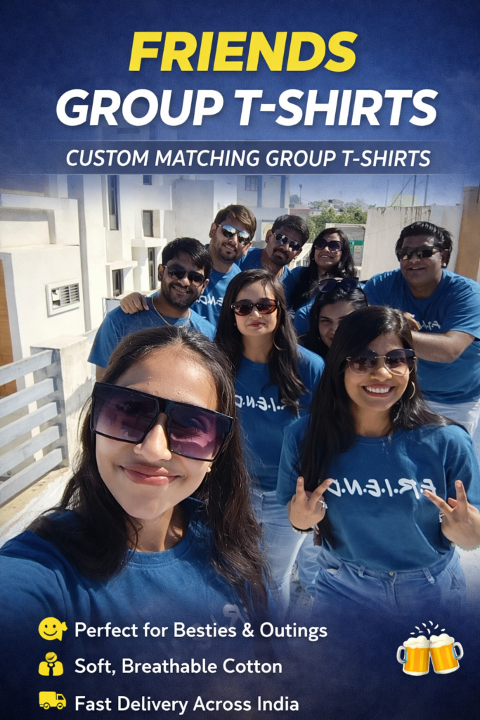 Friends group wearing matching blue custom T-shirts during outing in Ahmedabad, Gujarat