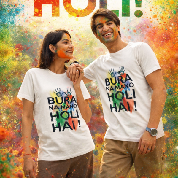 Holi couple wearing white Bura Na Mano Holi Hai printed T-shirts with colorful Holi background