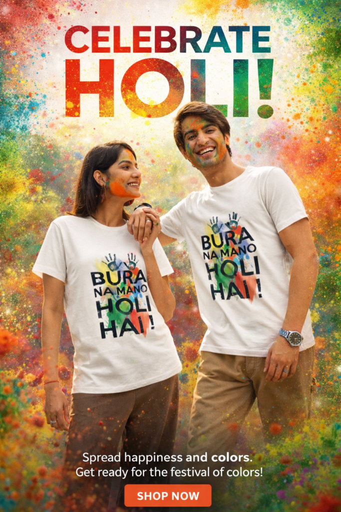 Holi couple wearing white Bura Na Mano Holi Hai printed T-shirts with colorful Holi background