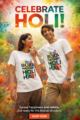Holi couple wearing white Bura Na Mano Holi Hai printed T-shirts with colorful Holi background