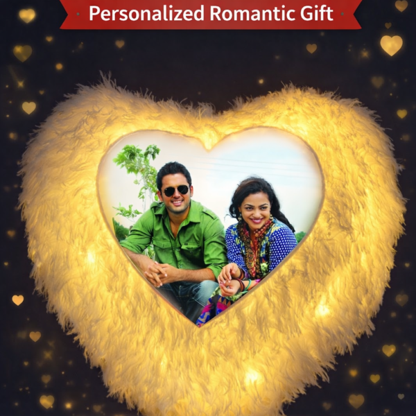 LED heart cushion with glowing lights and personalized couple photo