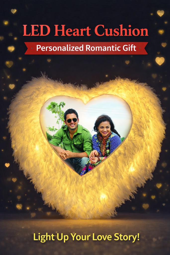 LED heart cushion with glowing lights and personalized couple photo