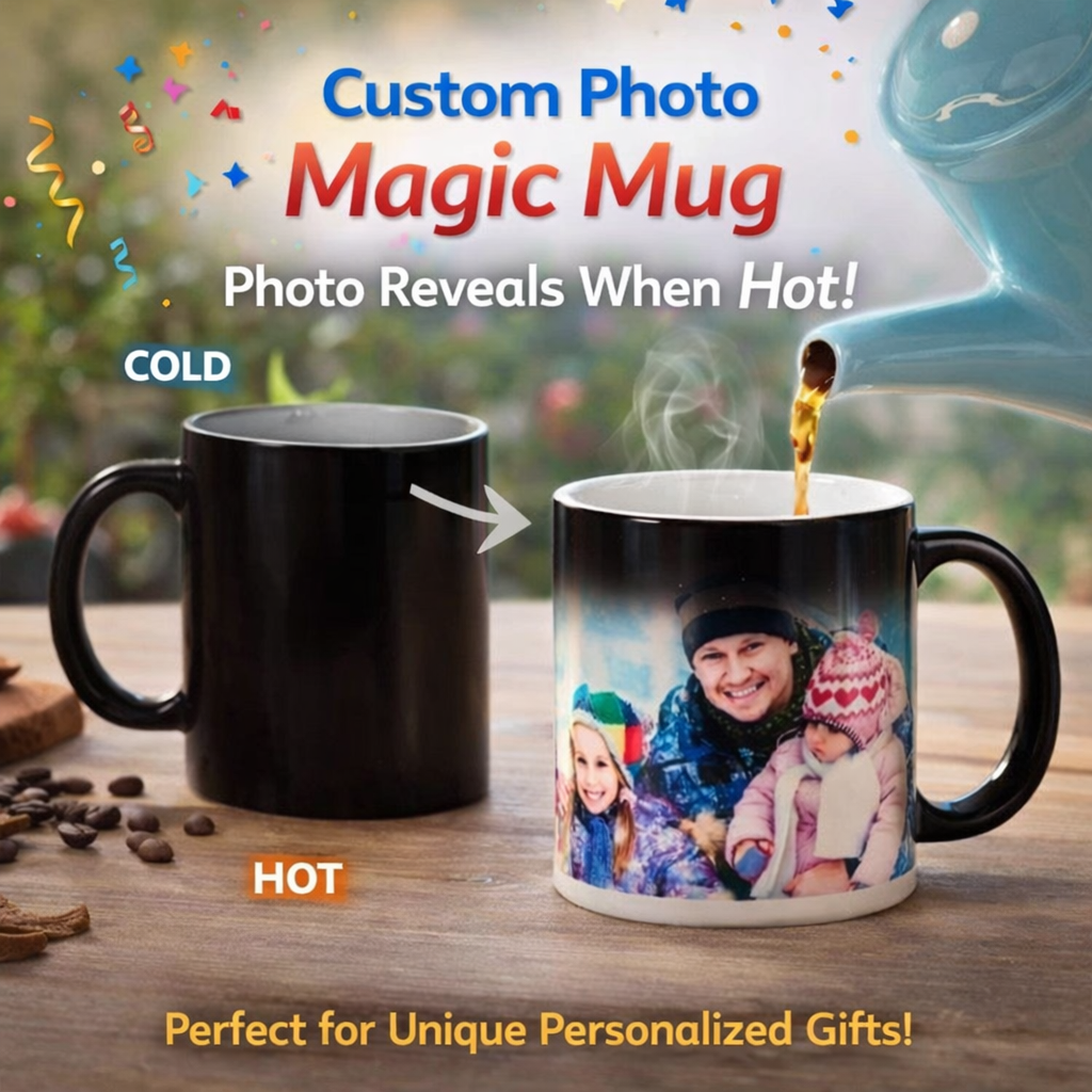 Custom magic photo mug with heat reveal printing showing family image when hot liquid is poured, ideal for personalized gifts in Ahmedabad Gujarat