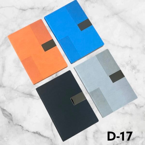 Premium textured magnetic strap corporate notebook available in blue, orange, black and grey for custom logo printing in Ahmedabad