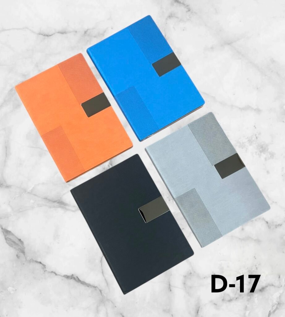 Premium textured magnetic strap corporate notebook available in blue, orange, black and grey for custom logo printing in Ahmedabad