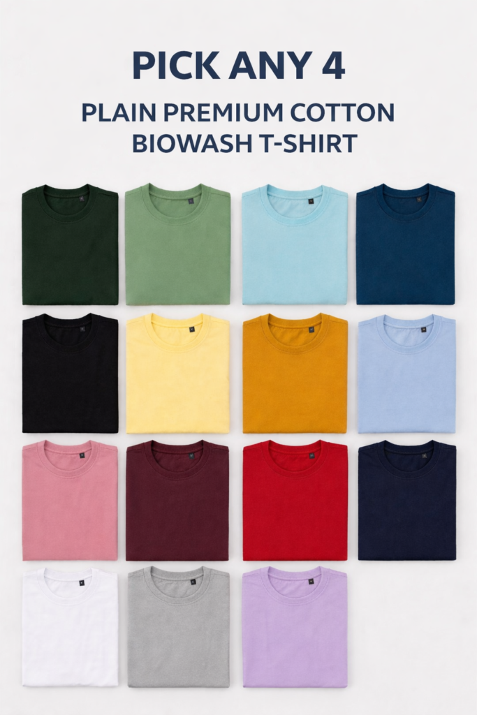 Pick Any 4 Plain Premium Cotton Biowash T-Shirts in multiple colors available in Ahmedabad Gujarat