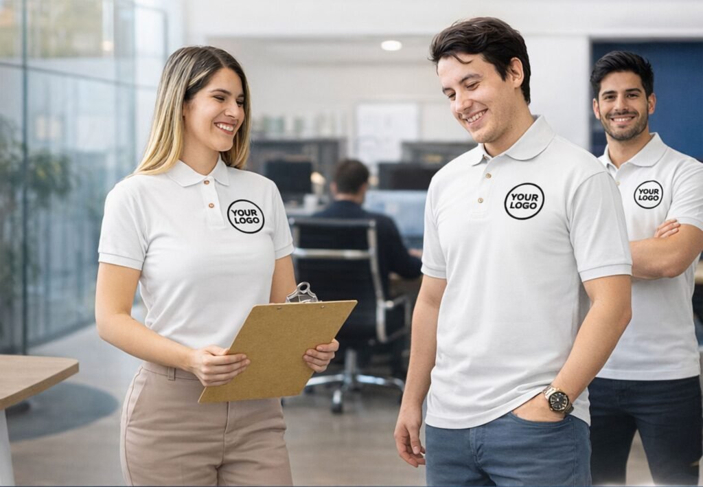 Plain white corporate T-shirt with custom logo printing for office staff in Gujarat