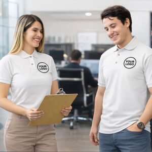 Plain white corporate T-shirt with custom logo printing for office staff in Gujarat