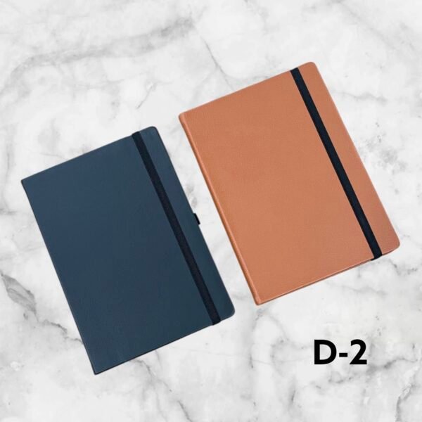 Premium executive corporate notebook in navy blue and tan brown colors with elastic closure for custom logo printing in Ahmedabad