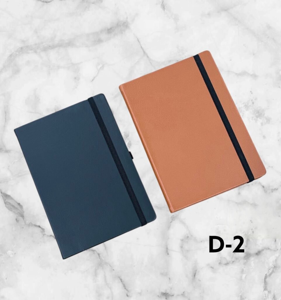 Premium executive corporate notebook in navy blue and tan brown colors with elastic closure for custom logo printing in Ahmedabad