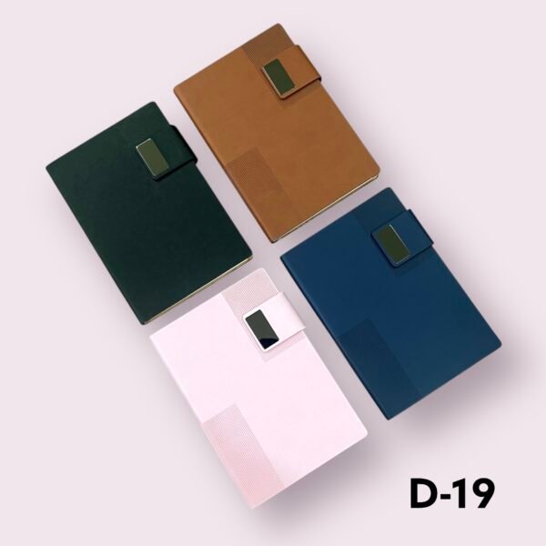 Premium dual texture magnetic strap corporate notebook available in green, brown, navy and pink for custom logo printing in Ahmedabad