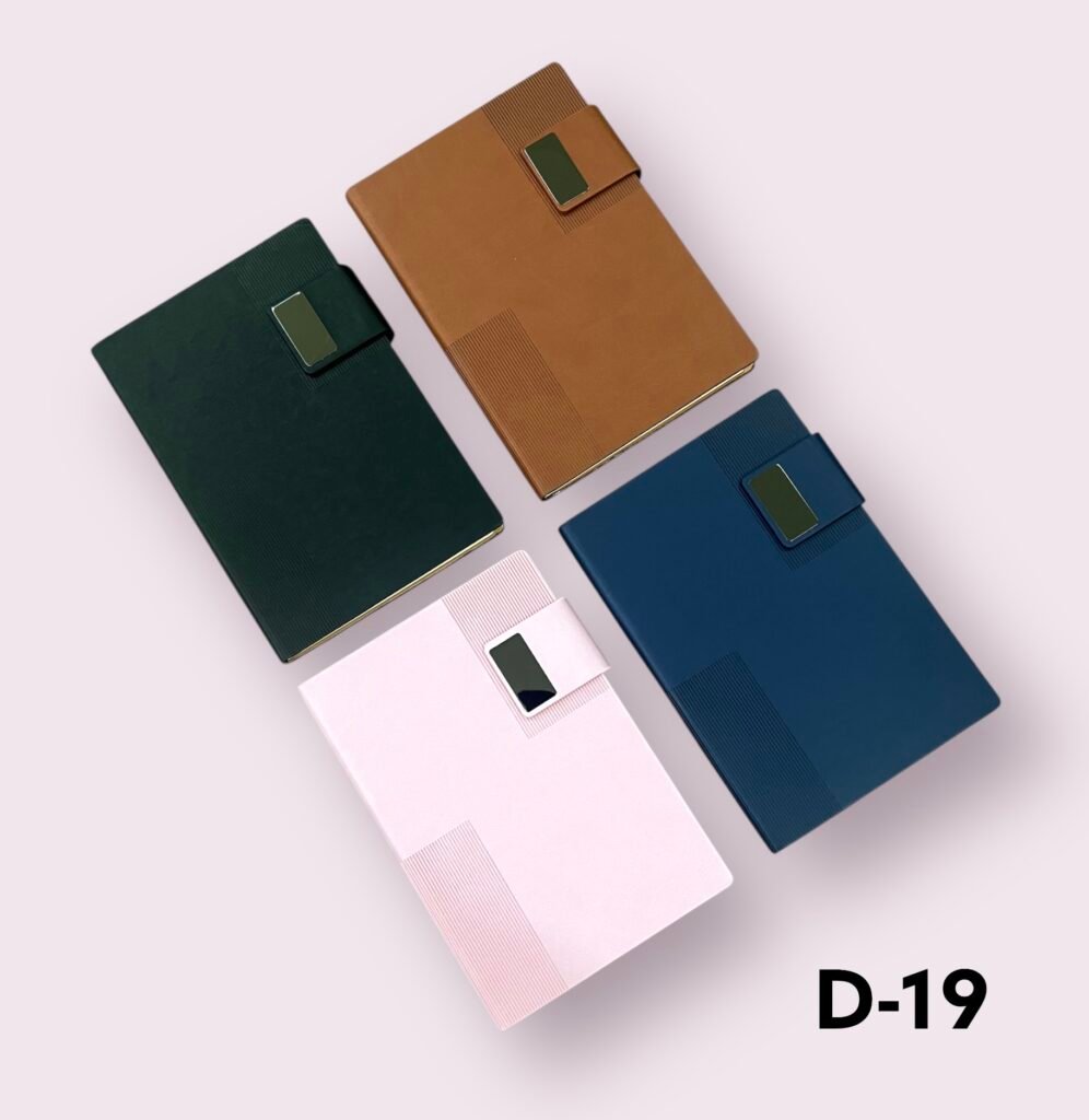 Premium dual texture magnetic strap corporate notebook available in green, brown, navy and pink for custom logo printing in Ahmedabad