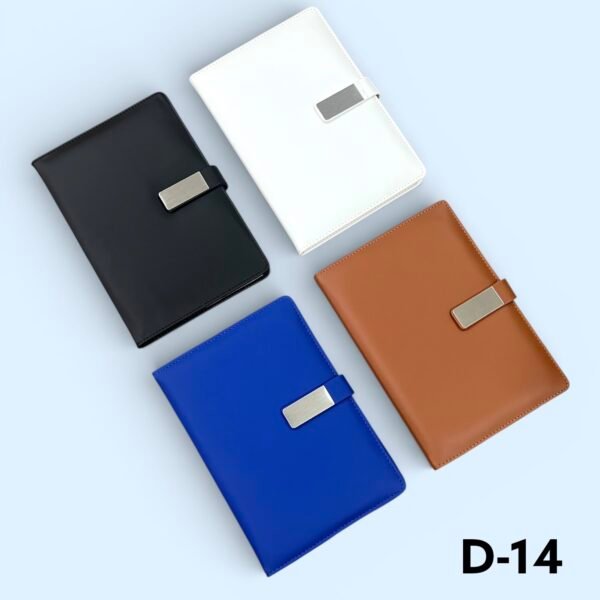 Premium leather finish metal strap corporate notebook available in black, white, blue and brown for custom logo printing in Ahmedabad