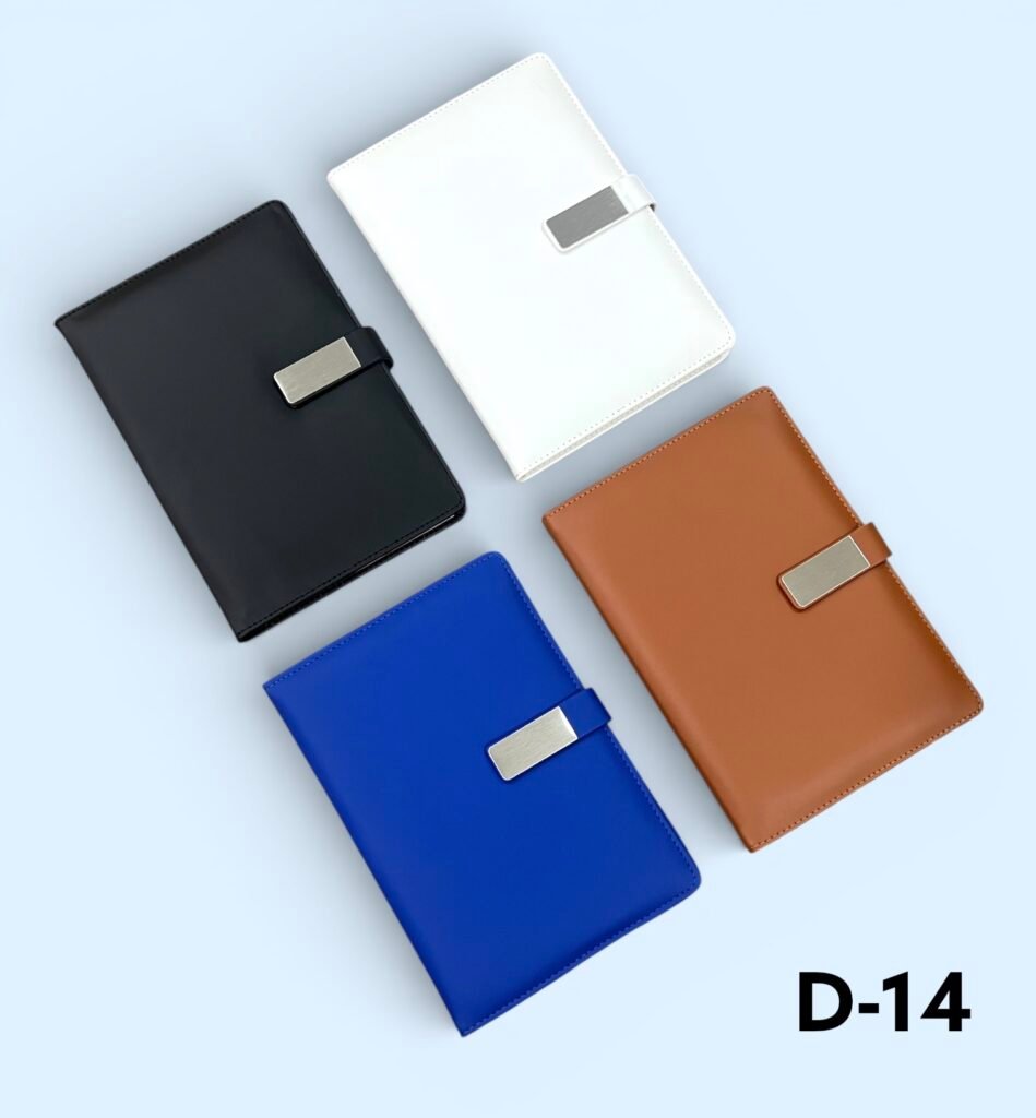 Premium leather finish metal strap corporate notebook available in black, white, blue and brown for custom logo printing in Ahmedabad
