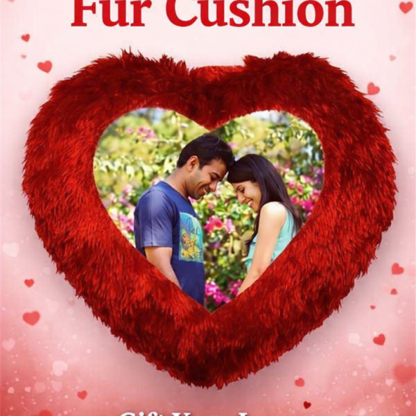 Red heart fur cushion with personalized photo print for romantic gifting