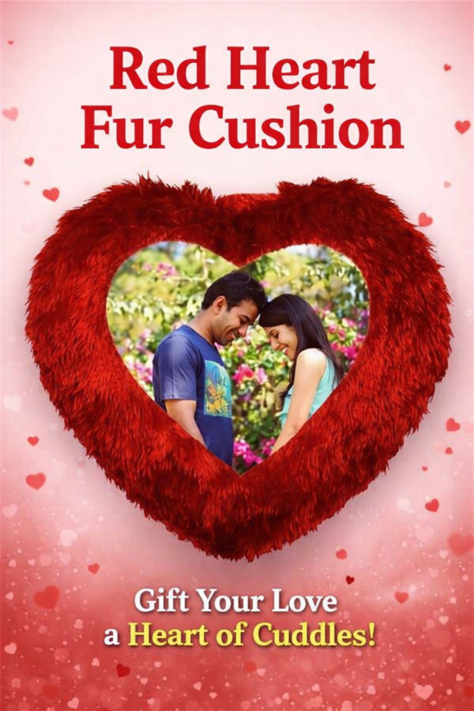 Red heart fur cushion with personalized photo print for romantic gifting