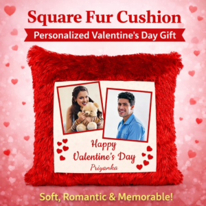 Square red fur cushion with personalized photo print for couple gifting
