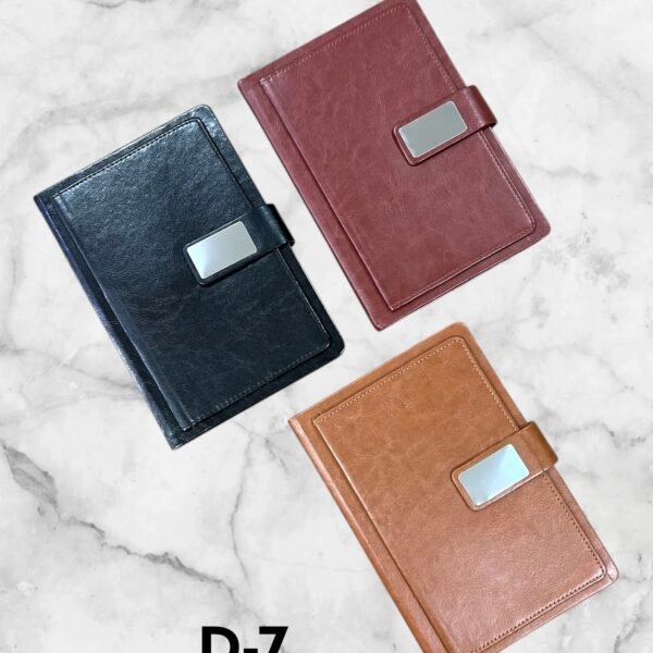 Premium leather finish strap lock corporate notebook with metal logo plate available in navy blue, burgundy and tan for branding in Ahmedabad