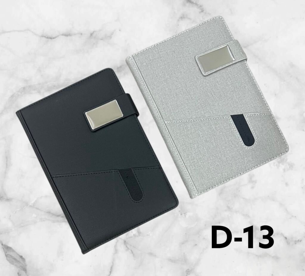 Premium strap metal plate organizer corporate notebook available in black and grey for custom logo printing in Ahmedabad