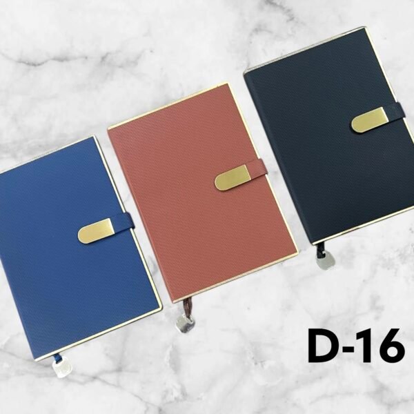 Premium textured corporate notebook with gold strap plate available in blue, maroon and black for custom logo printing in Ahmedabad