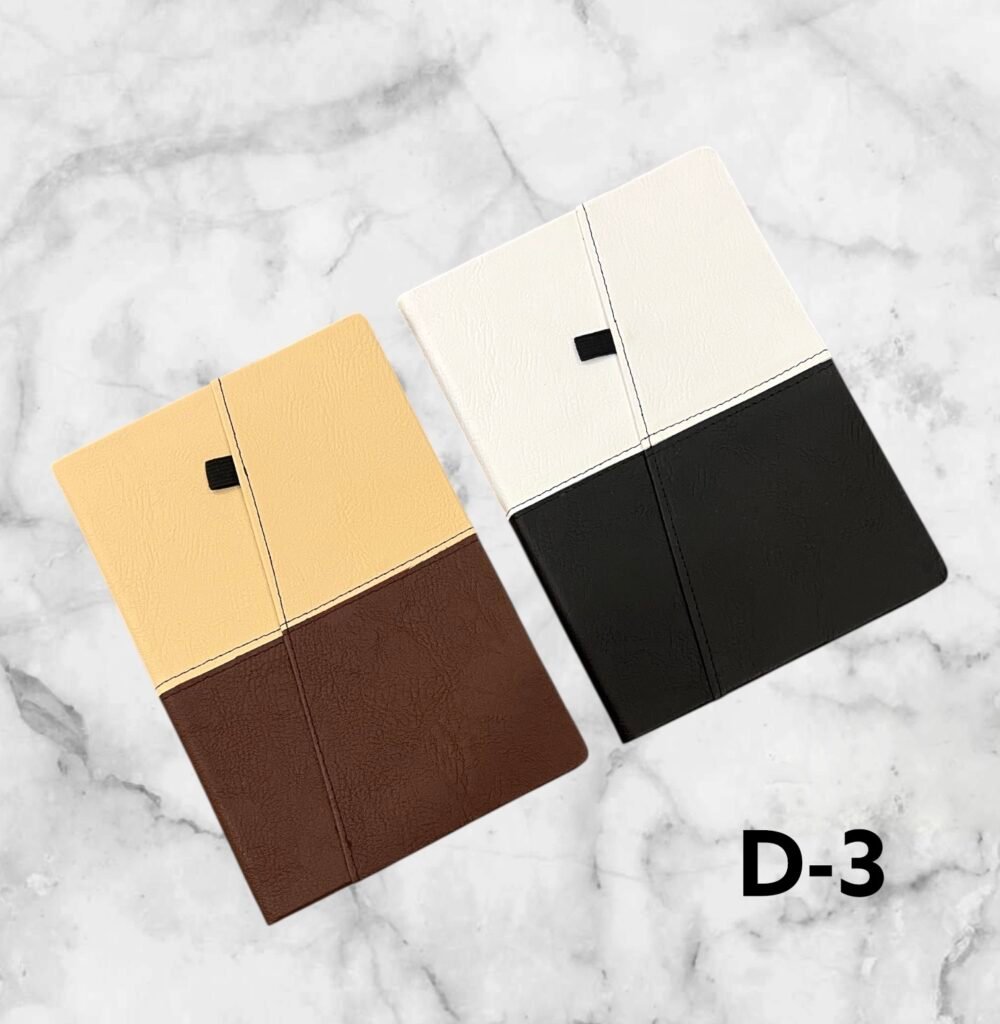 Premium two-tone corporate notebook in cream brown and white black combination for custom logo printing in Ahmedabad