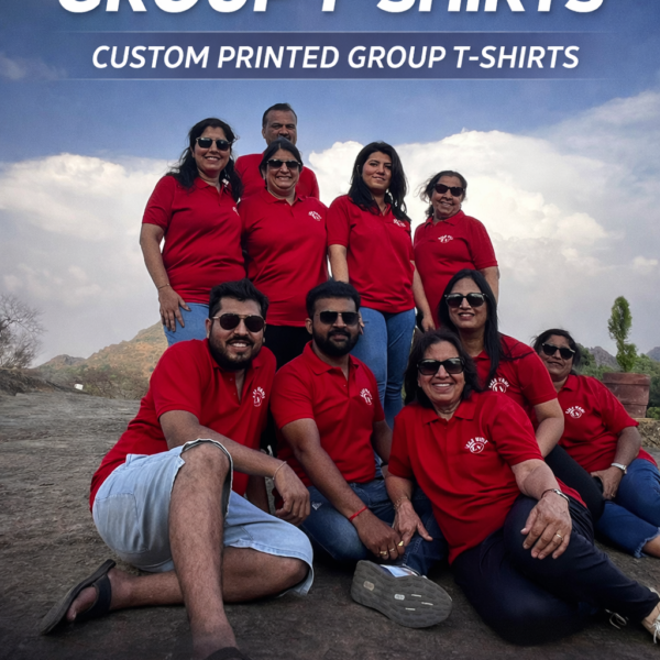 Custom vacation group T-shirts worn by family and friends during a hill trip near Ahmedabad, Gujarat