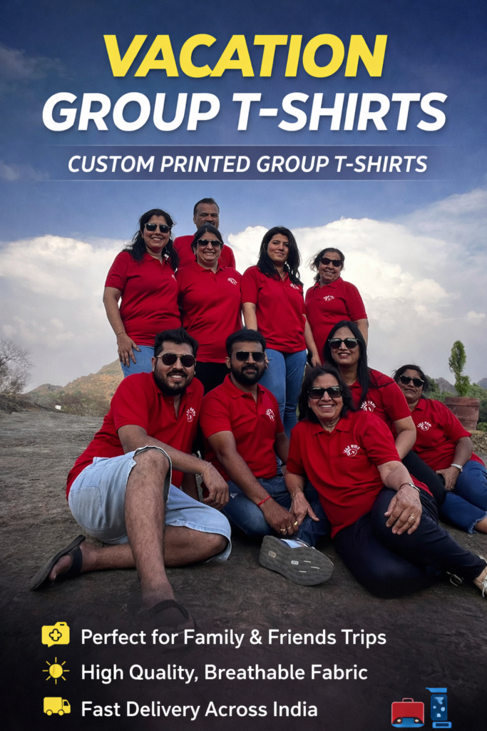 Custom vacation group T-shirts worn by family and friends during a hill trip near Ahmedabad, Gujarat