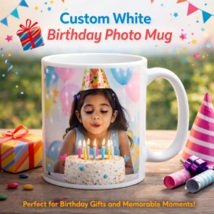 Custom white birthday photo mug with high-quality sublimation printing on ceramic mug, perfect for kids and personalized birthday gifts in Ahmedabad