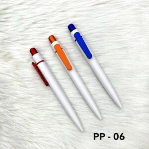 White body plastic promotional ball pens with red orange and blue clips PP-06