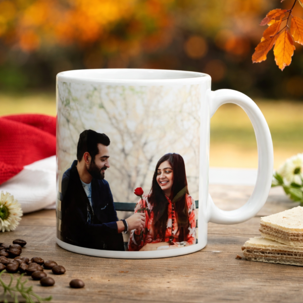 Custom white photo mug with couple image printed using high-quality sublimation on ceramic mug, displayed with natural background for personalized gift and branding use